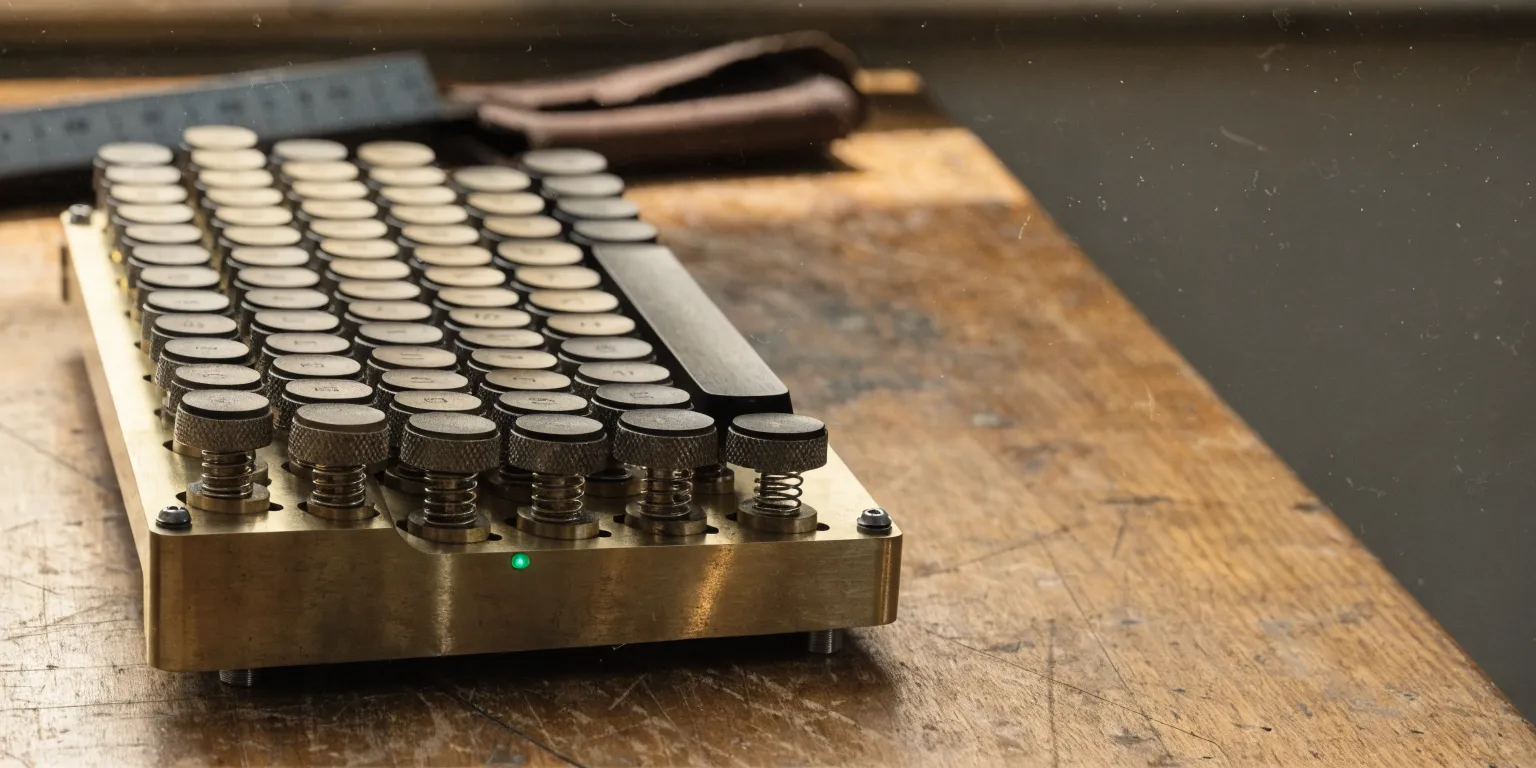 Eine Tastatur aus Messing und Ebenholz auf einer alten Eichenwerkbank, daneben ein Stahllineal. Eine kleine grüne Status-LED leuchtet am Gehäuse.
